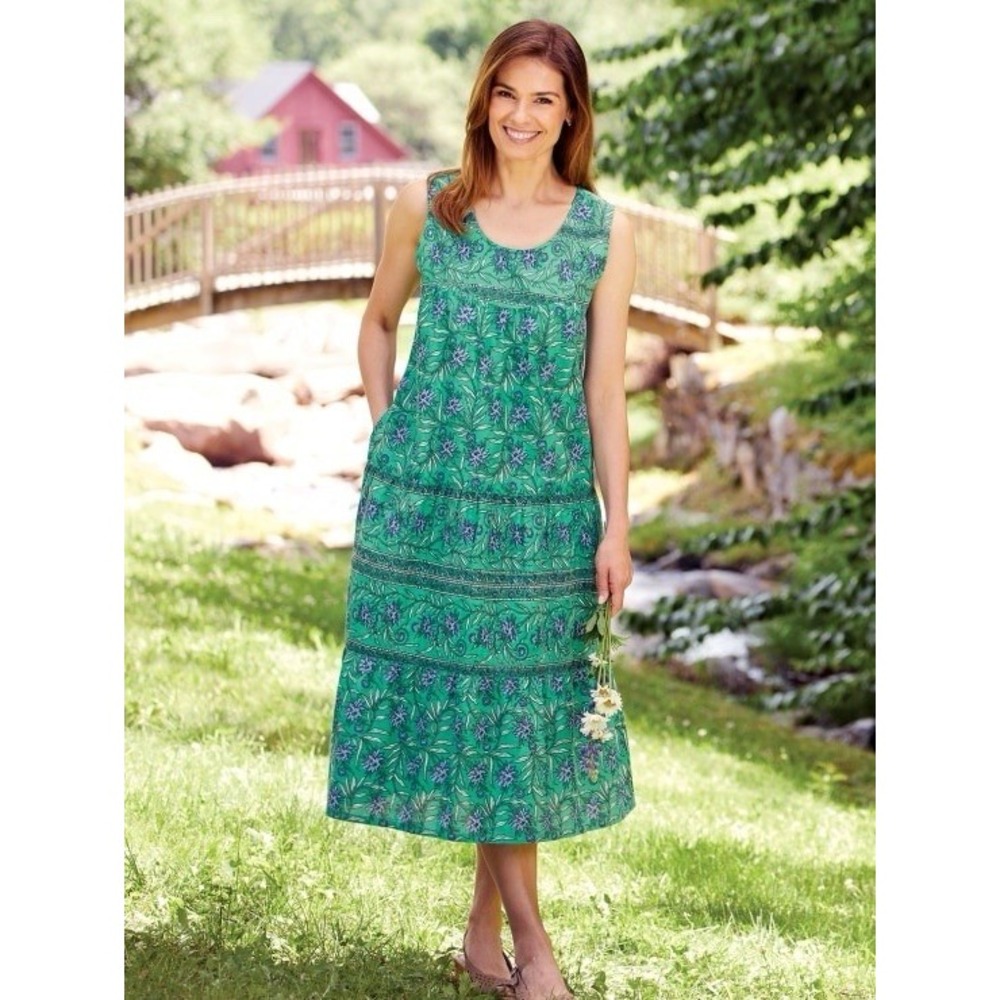 Vermont Country Store Large Green Floral Cotton Maxi Dress Boho Cottagecore